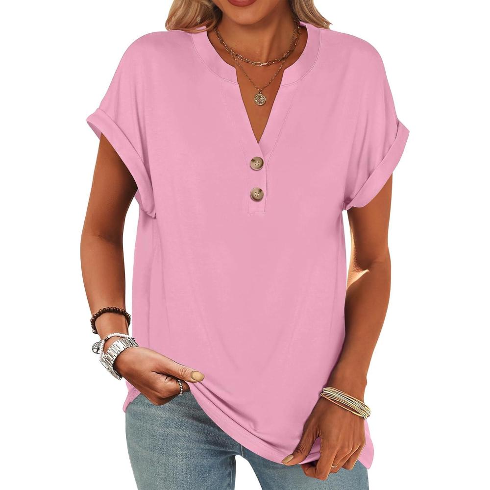 imageANRABESS Womens Short Sleeve Henley Tops V Neck Dressy Casual Blouses Summer Trendy Tee Shirts 2025 Vacation Fashion ClothesPink