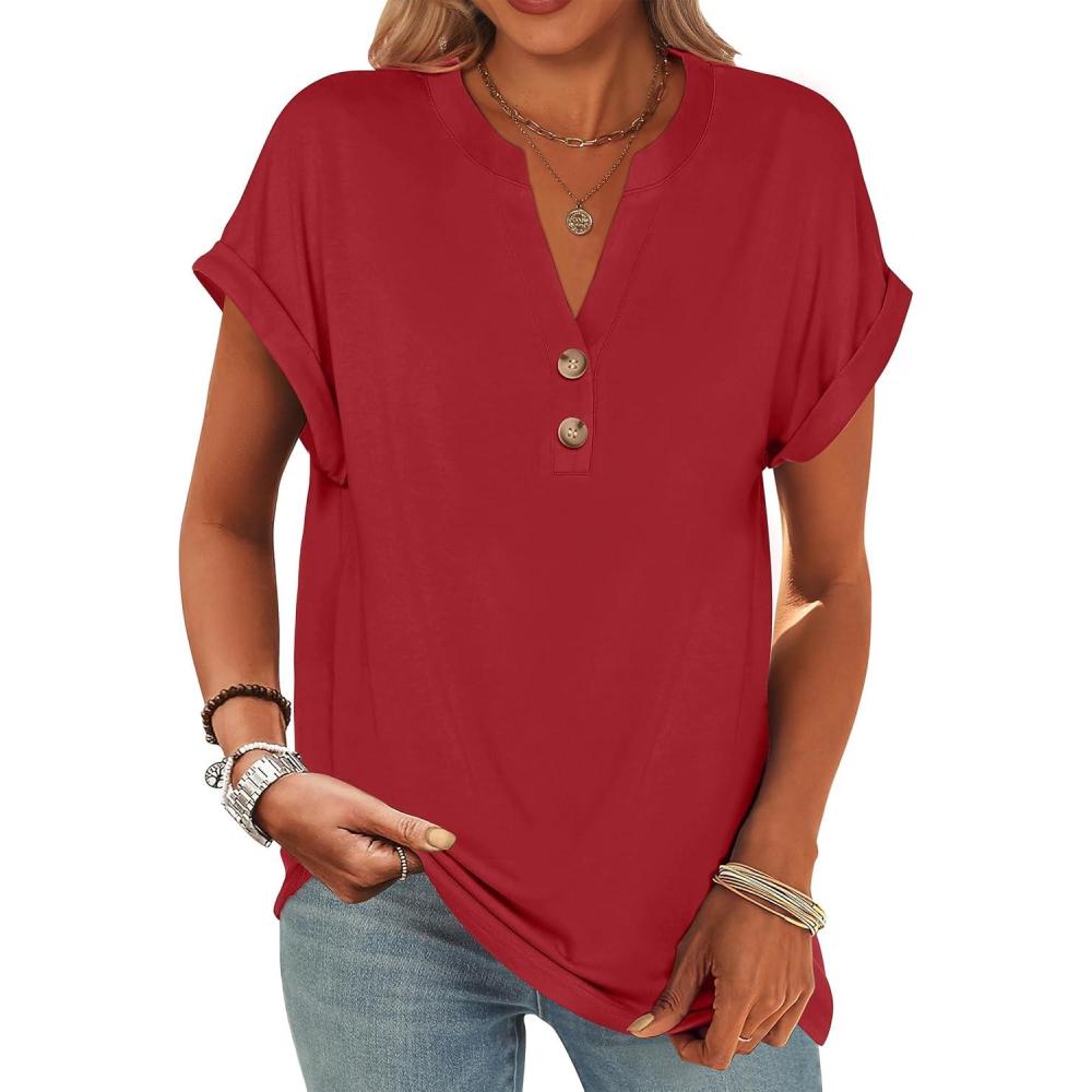 imageANRABESS Womens Short Sleeve Henley Tops V Neck Dressy Casual Blouses Summer Trendy Tee Shirts 2025 Vacation Fashion ClothesRed
