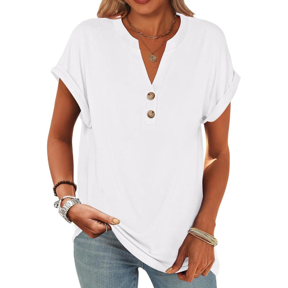 imageANRABESS Womens Short Sleeve Henley Tops V Neck Dressy Casual Blouses Summer Trendy Tee Shirts 2025 Vacation Fashion ClothesWhite