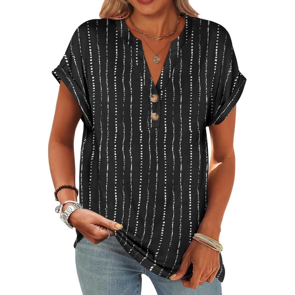 imageANRABESS Womens Short Sleeve Henley Tops V Neck Dressy Casual Blouses Summer Trendy Tee Shirts 2025 Vacation Fashion ClothesWhite Black Strip