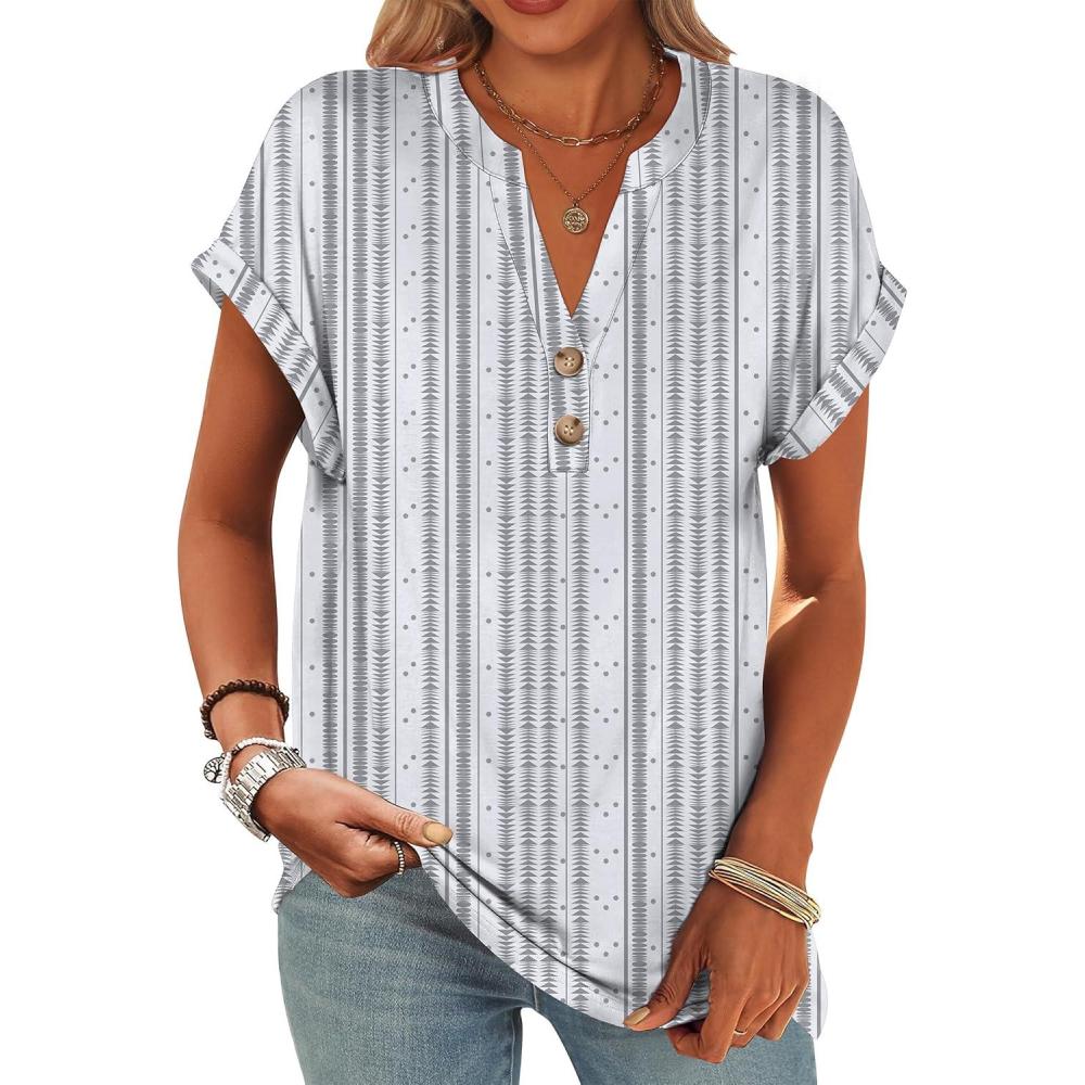 imageANRABESS Womens Short Sleeve Henley Tops V Neck Dressy Casual Blouses Summer Trendy Tee Shirts 2025 Vacation Fashion ClothesWhite Grey Strip