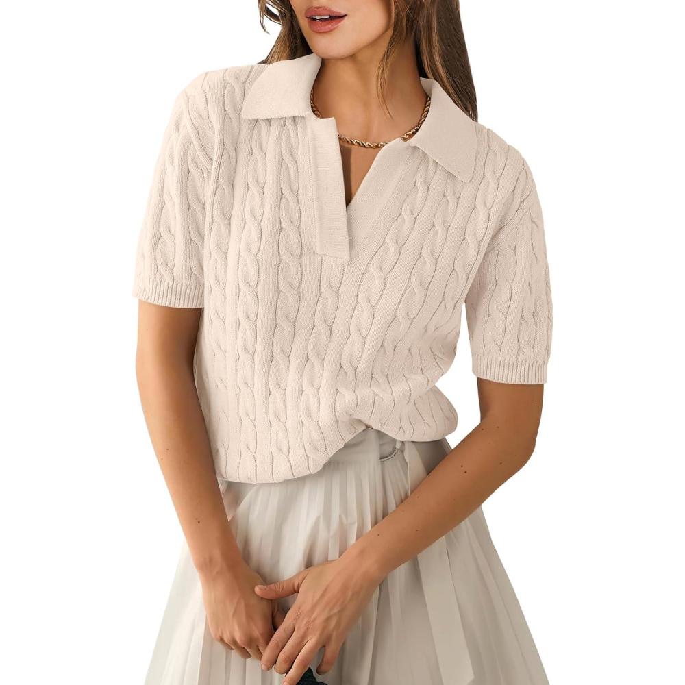imageANRABESS Womens Short Sleeve Sweaters Tops Polo V Neck Cable Knit Casual Soft Pullover Shirts 2025 Summer OutfitsBeige