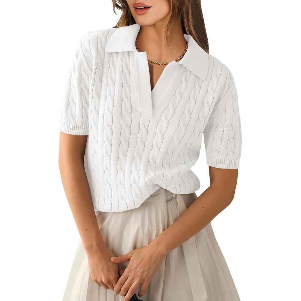imageANRABESS Womens Short Sleeve Sweaters Tops Polo V Neck Cable Knit Casual Soft Pullover Shirts 2025 Summer OutfitsCream