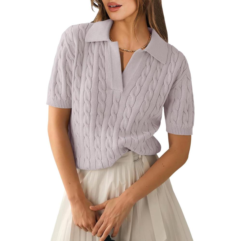 imageANRABESS Womens Short Sleeve Sweaters Tops Polo V Neck Cable Knit Casual Soft Pullover Shirts 2025 Summer OutfitsGrey