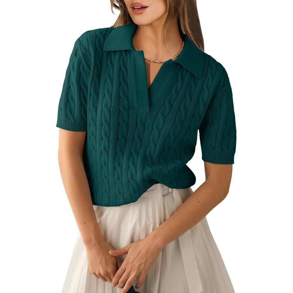 imageANRABESS Womens Short Sleeve Sweaters Tops Polo V Neck Cable Knit Casual Soft Pullover Shirts 2025 Summer OutfitsOpal Green