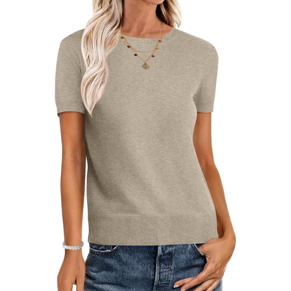 imageANRABESS Womens Short Sleeve Sweaters Wool Blend Crew Neck Sweater Shirts Business Casual Work Tops 2025 Summer OutfitsAlmond
