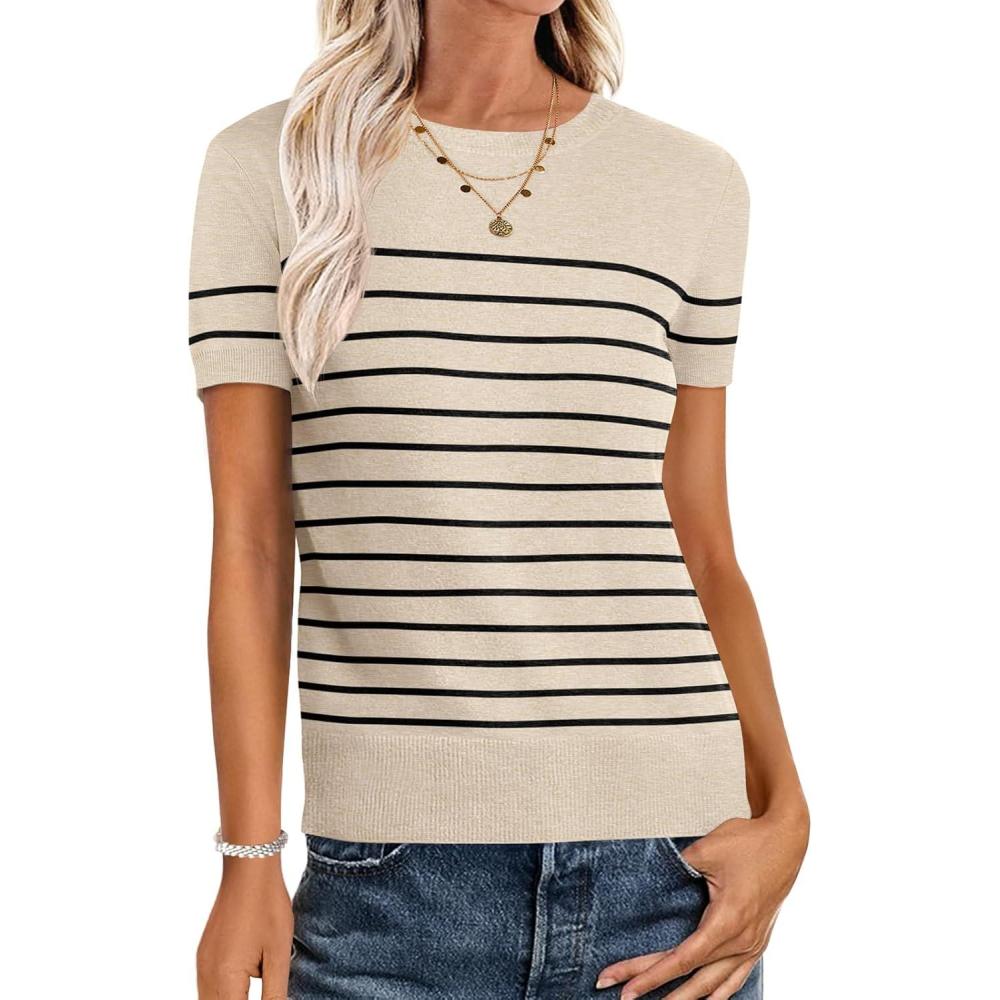 imageANRABESS Womens Short Sleeve Sweaters Wool Blend Crew Neck Sweater Shirts Business Casual Work Tops 2025 Summer OutfitsBeige Black Stripe