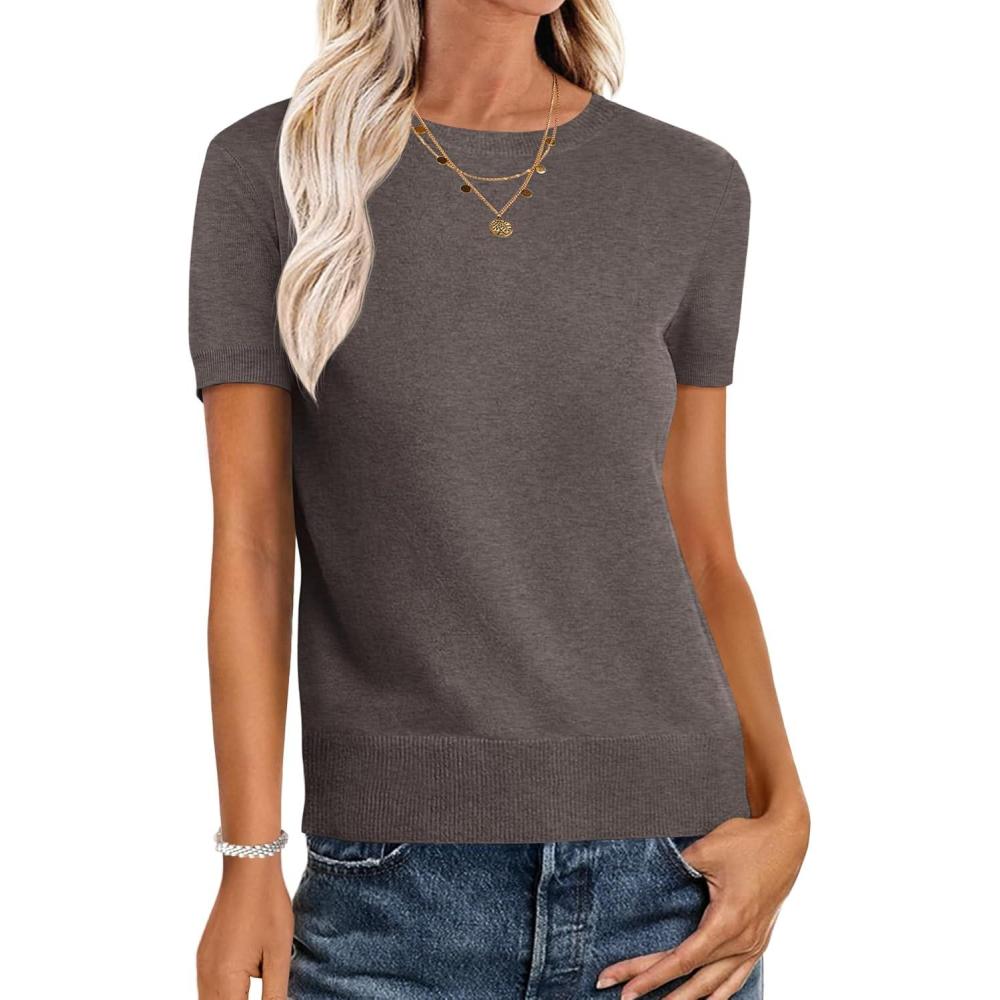 imageANRABESS Womens Short Sleeve Sweaters Wool Blend Crew Neck Sweater Shirts Business Casual Work Tops 2025 Summer OutfitsCoffee