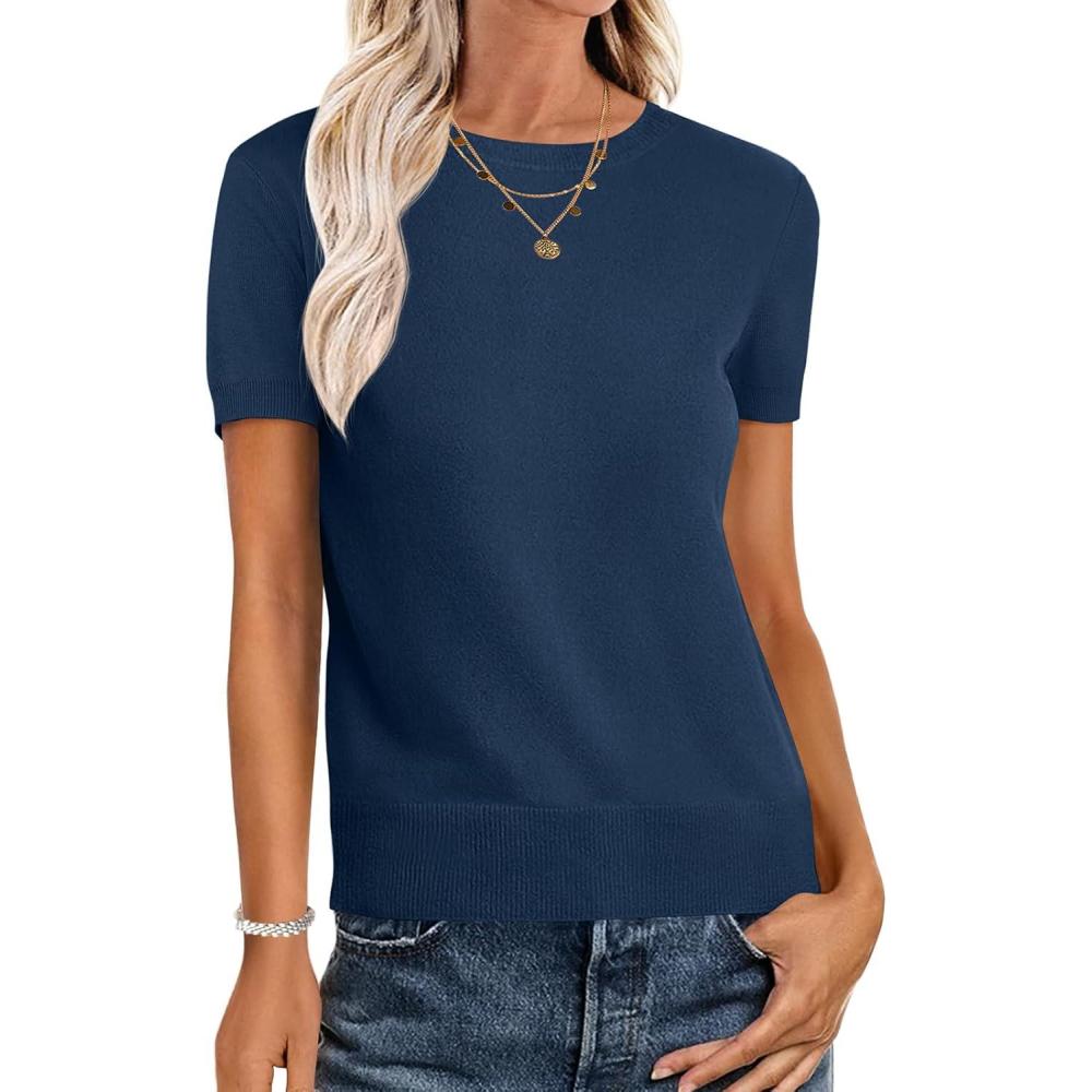 imageANRABESS Womens Short Sleeve Sweaters Wool Blend Crew Neck Sweater Shirts Business Casual Work Tops 2025 Summer OutfitsDeep Blue