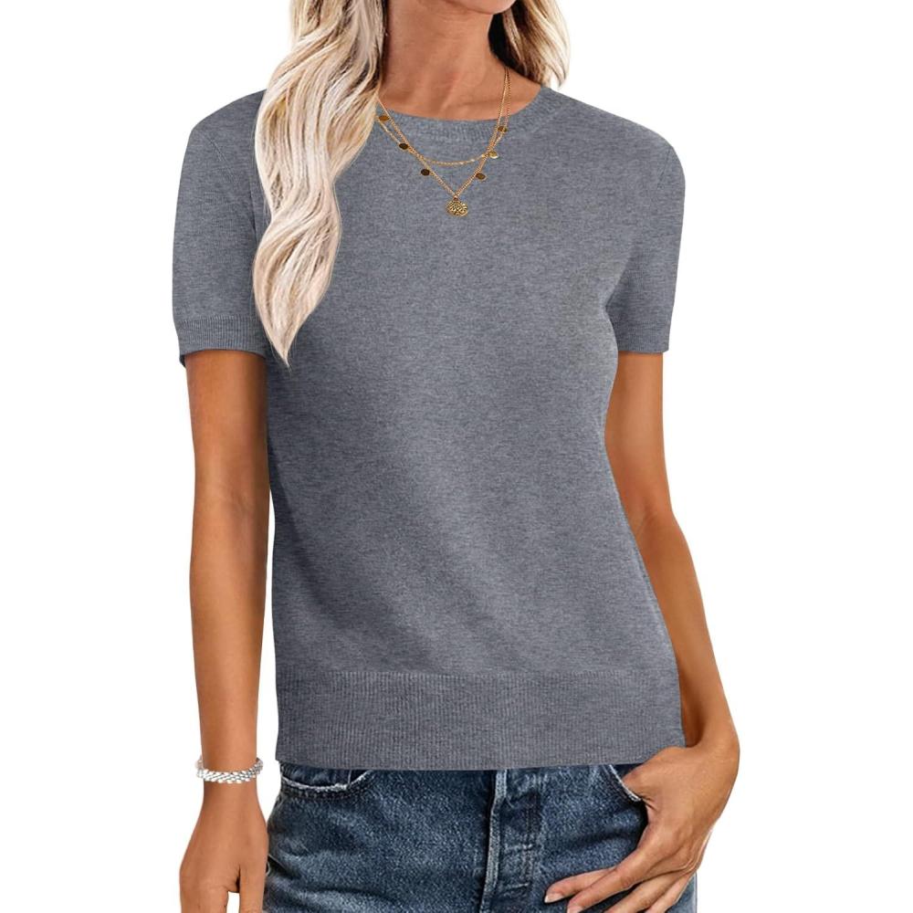 imageANRABESS Womens Short Sleeve Sweaters Wool Blend Crew Neck Sweater Shirts Business Casual Work Tops 2025 Summer OutfitsDeep Grey