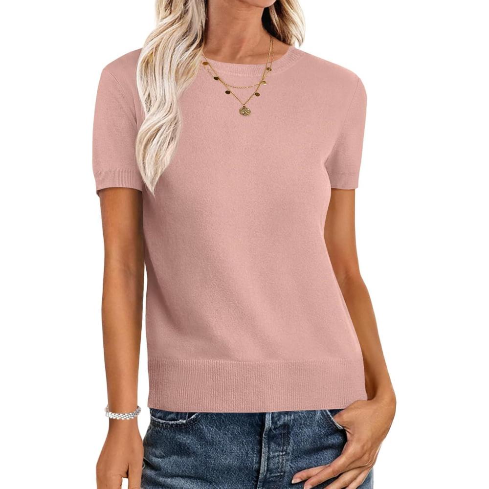 imageANRABESS Womens Short Sleeve Sweaters Wool Blend Crew Neck Sweater Shirts Business Casual Work Tops 2025 Summer OutfitsFlesh Pink