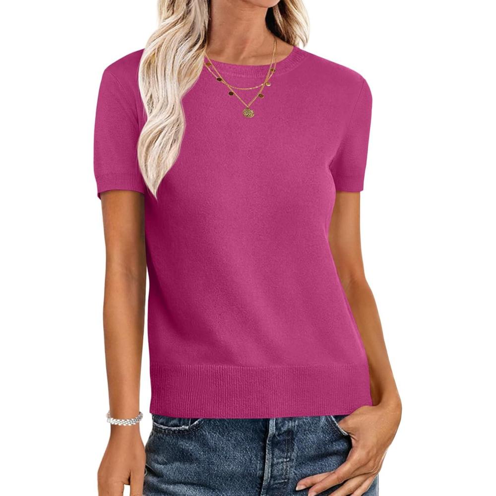 imageANRABESS Womens Short Sleeve Sweaters Wool Blend Crew Neck Sweater Shirts Business Casual Work Tops 2025 Summer OutfitsHot Pink