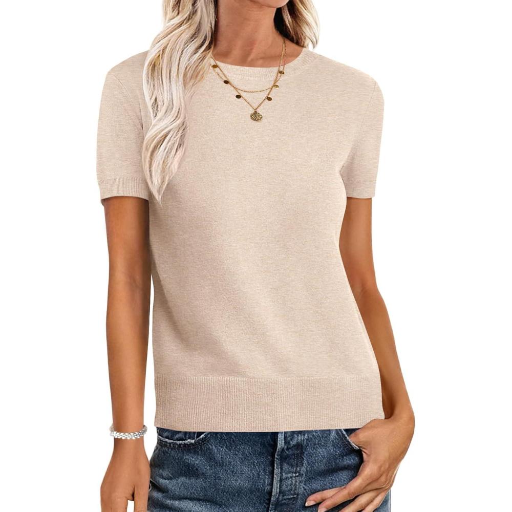 imageANRABESS Womens Short Sleeve Sweaters Wool Blend Crew Neck Sweater Shirts Business Casual Work Tops 2025 Summer OutfitsParchment Beige