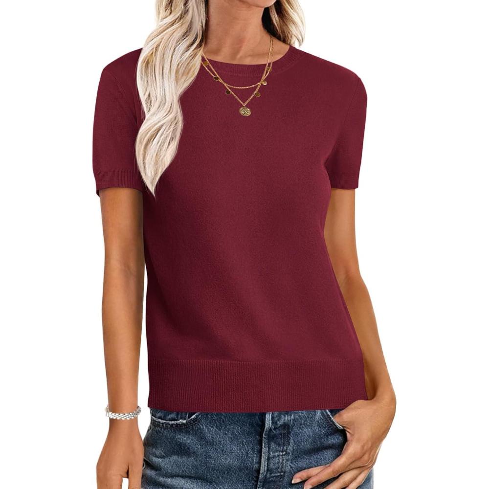imageANRABESS Womens Short Sleeve Sweaters Wool Blend Crew Neck Sweater Shirts Business Casual Work Tops 2025 Summer OutfitsWine Red