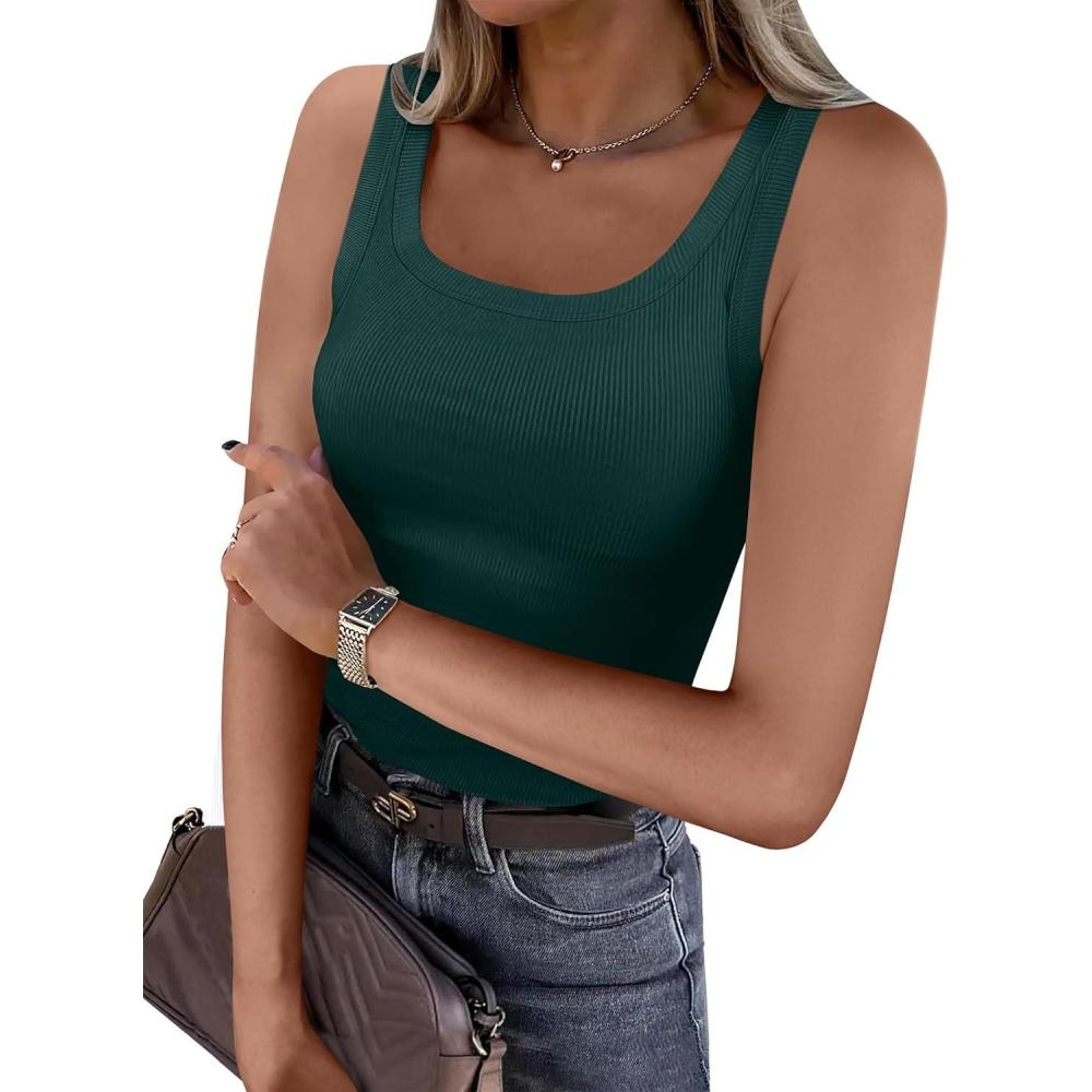 imageANRABESS Womens Sleeveless Scoop Neck Tank Top Ribbed Fitted Summer Basic Slim Cute Tops 2025Forest Green