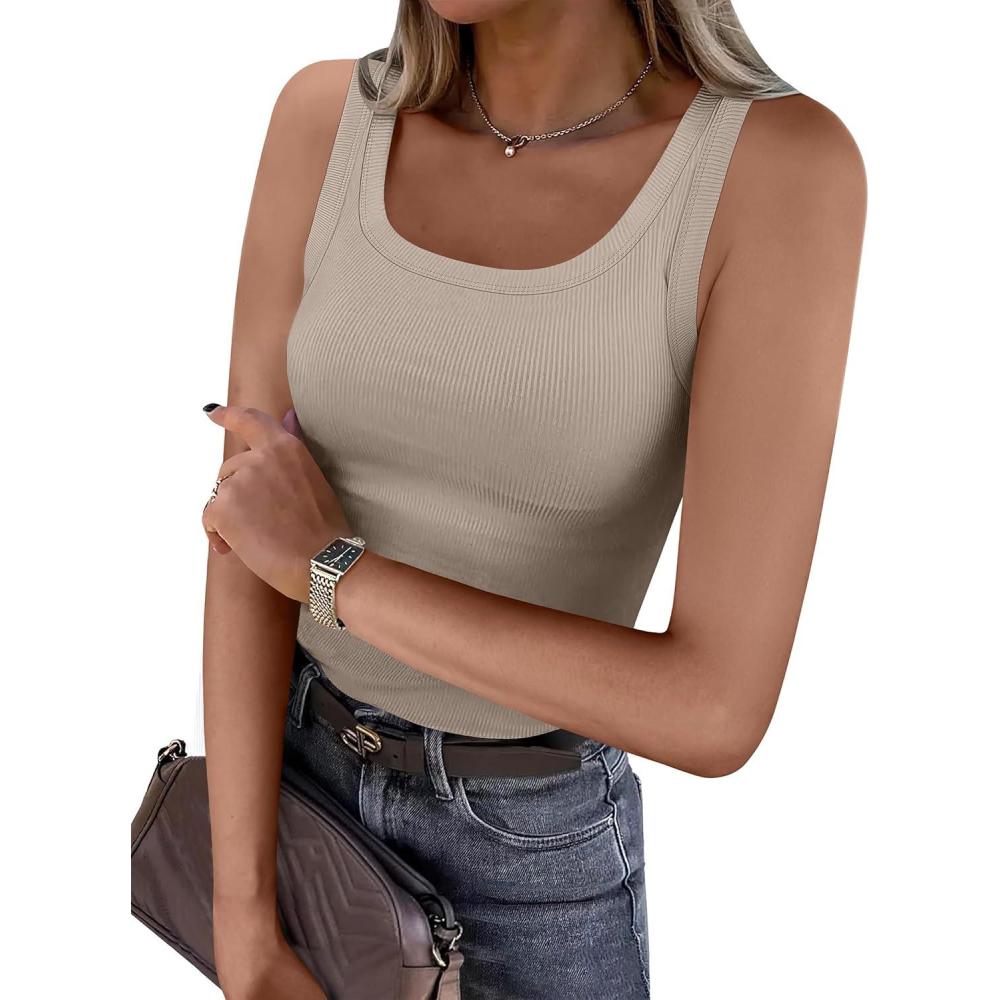imageANRABESS Womens Sleeveless Scoop Neck Tank Top Ribbed Fitted Summer Basic Slim Cute Tops 2025Khaki