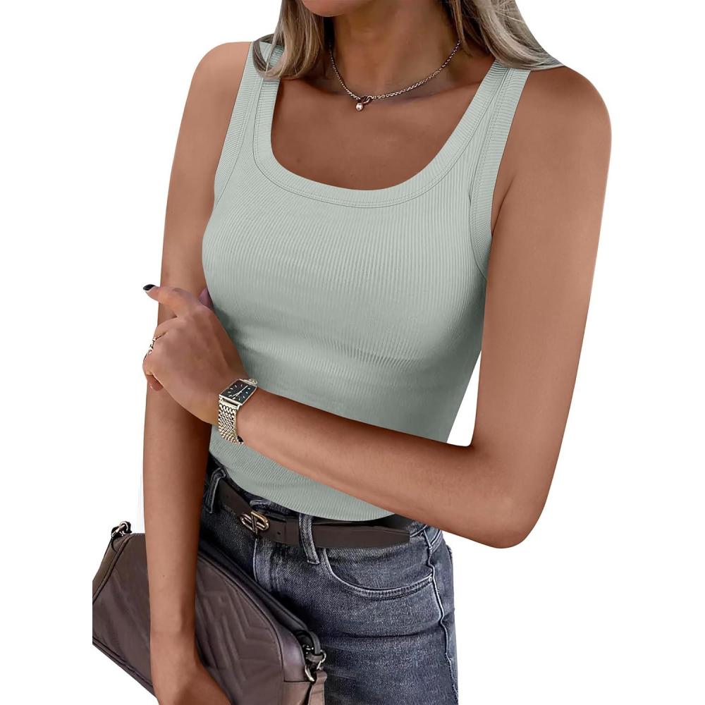 imageANRABESS Womens Sleeveless Scoop Neck Tank Top Ribbed Fitted Summer Basic Slim Cute Tops 2025Light Green