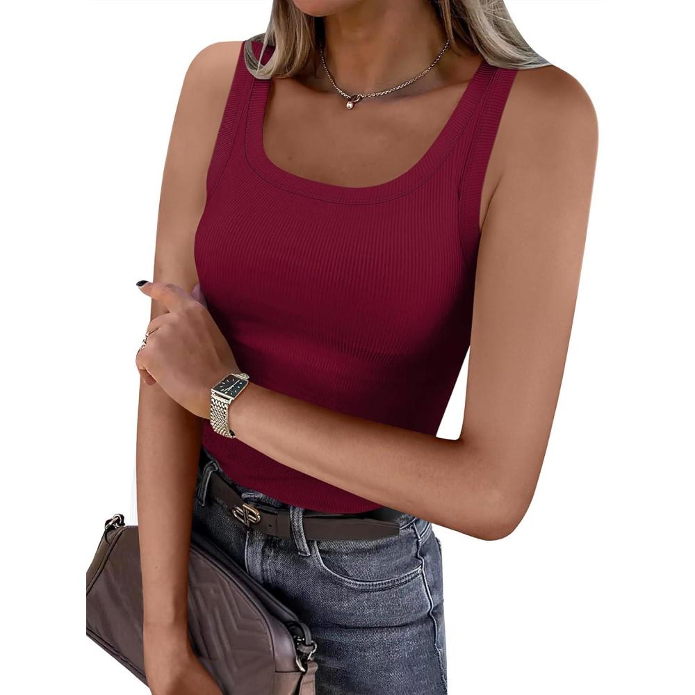 imageANRABESS Womens Sleeveless Scoop Neck Tank Top Ribbed Fitted Summer Basic Slim Cute Tops 2025Wine Red