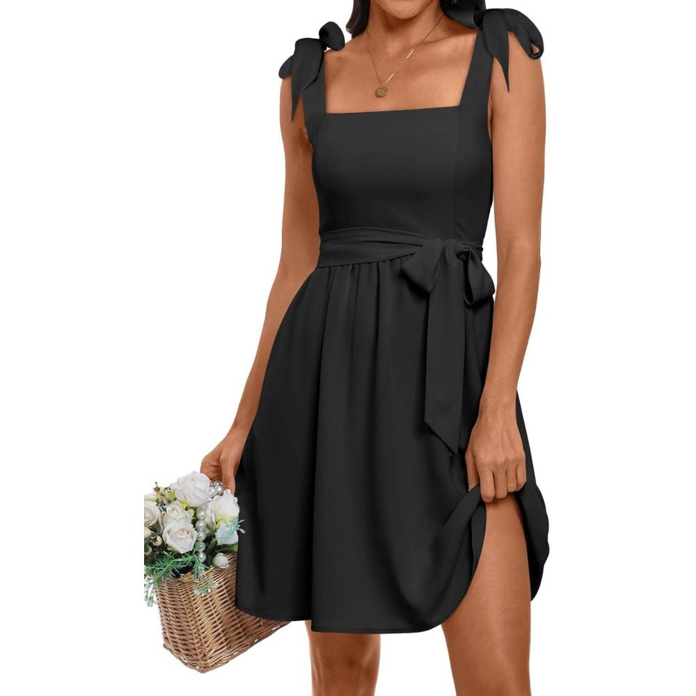 imageANRABESS Womens Sleeveless Tie Strap Mini Dress Summer Square Neck Smocked A Line Swing Elegant Cute Cocktail Short DressesBlack