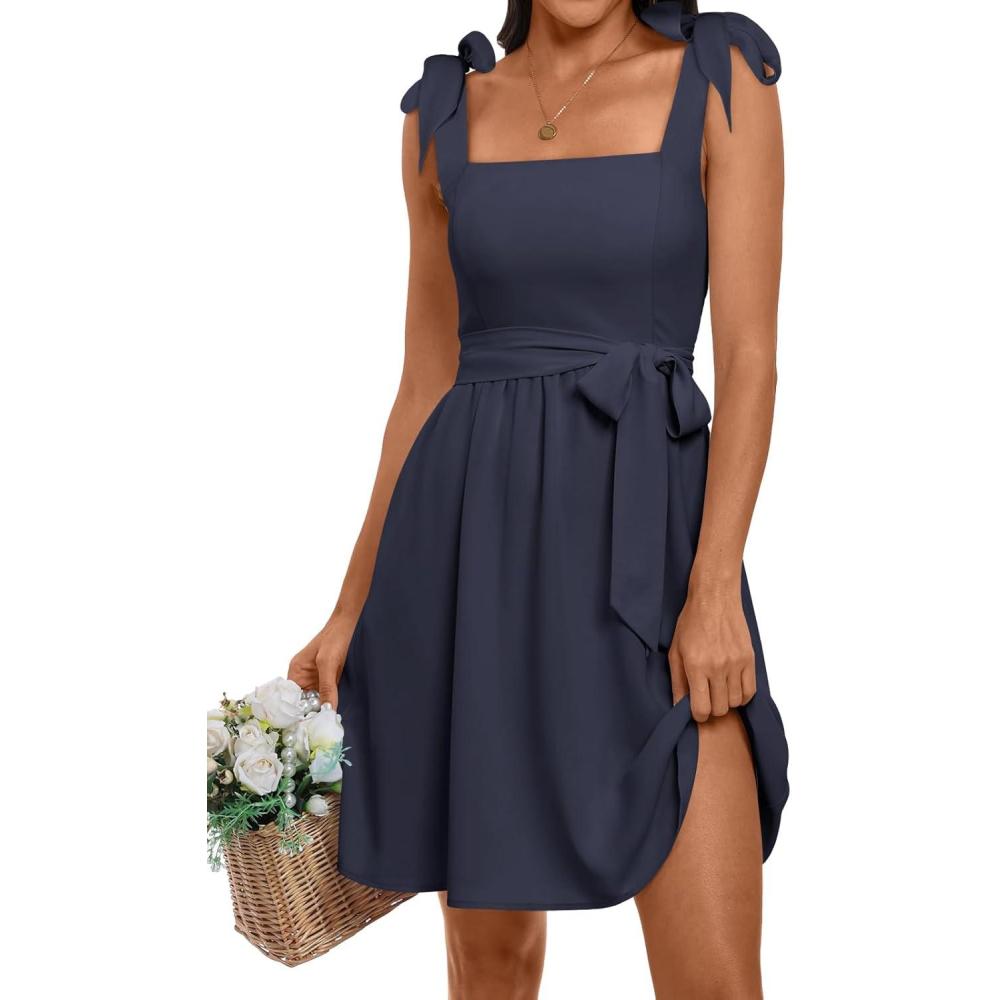 imageANRABESS Womens Sleeveless Tie Strap Mini Dress Summer Square Neck Smocked A Line Swing Elegant Cute Cocktail Short DressesDark Blue