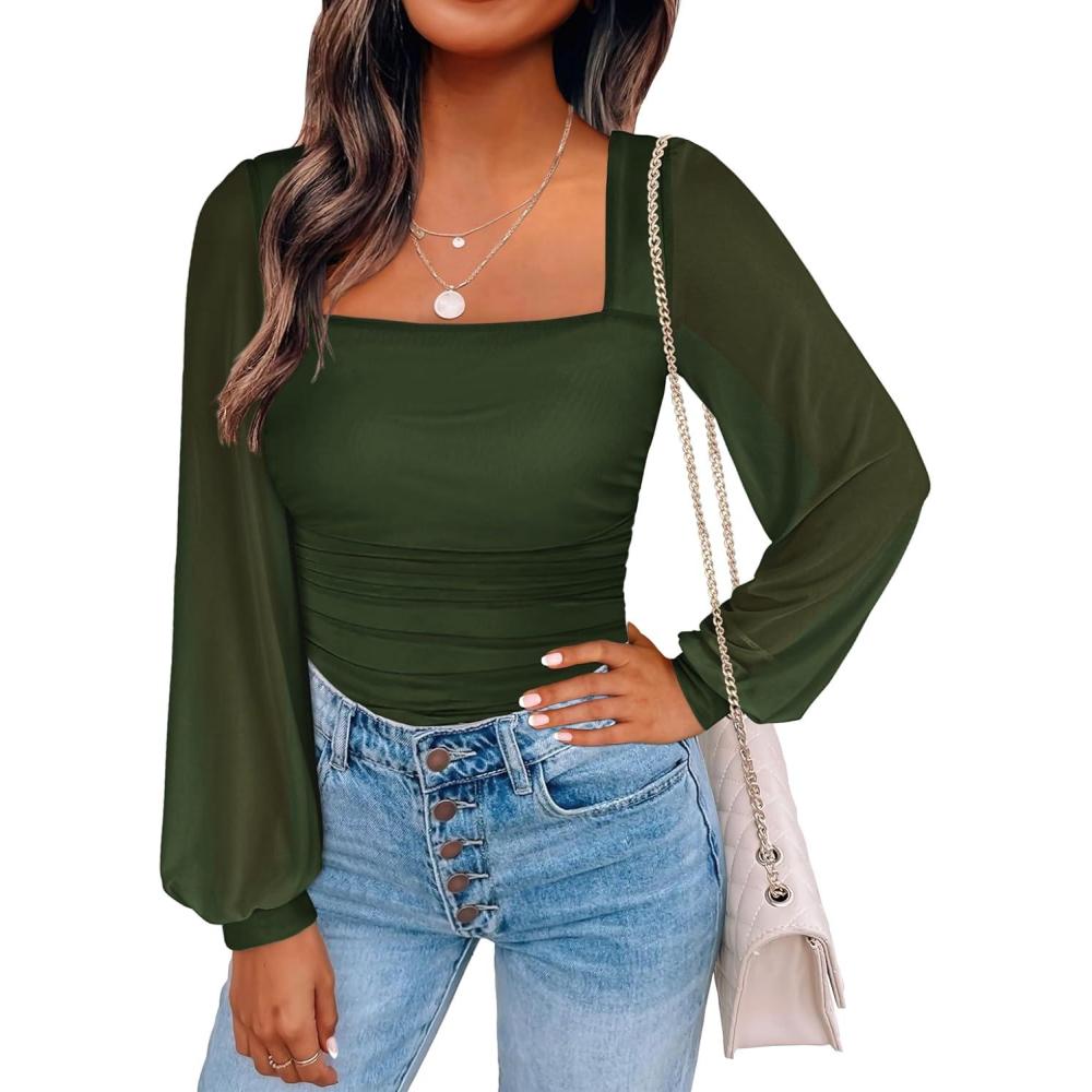 imageANRABESS Womens Square Neck Mesh Long Sleeve Tops Double Lined Dressy Business Casual Blouses Shirts 2025 Fall OutfitsArmy Green