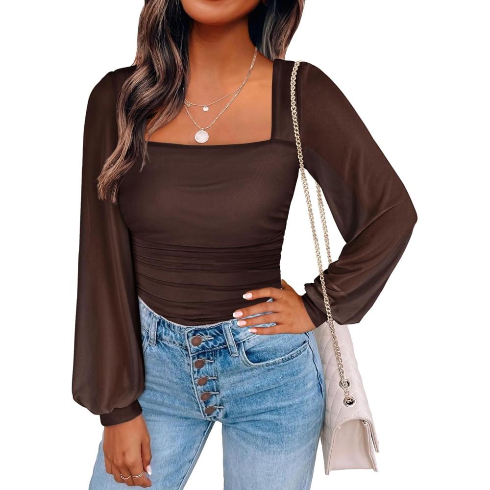 imageANRABESS Womens Square Neck Mesh Long Sleeve Tops Double Lined Dressy Business Casual Blouses Shirts 2025 Fall OutfitsBrown