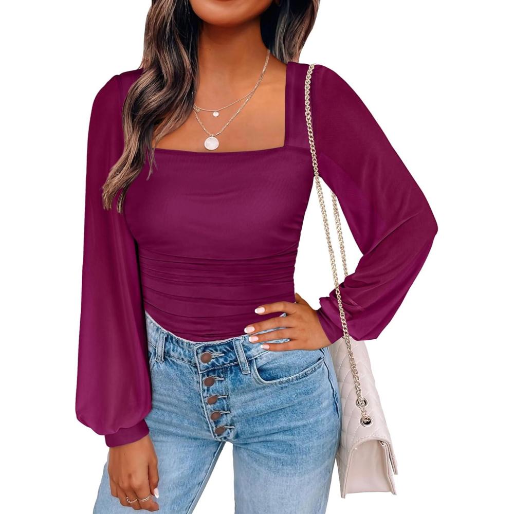 imageANRABESS Womens Square Neck Mesh Long Sleeve Tops Double Lined Dressy Business Casual Blouses Shirts 2025 Fall OutfitsBurgundy