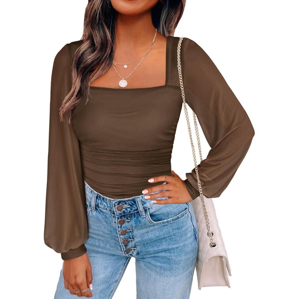 imageANRABESS Womens Square Neck Mesh Long Sleeve Tops Double Lined Dressy Business Casual Blouses Shirts 2025 Fall OutfitsMocha