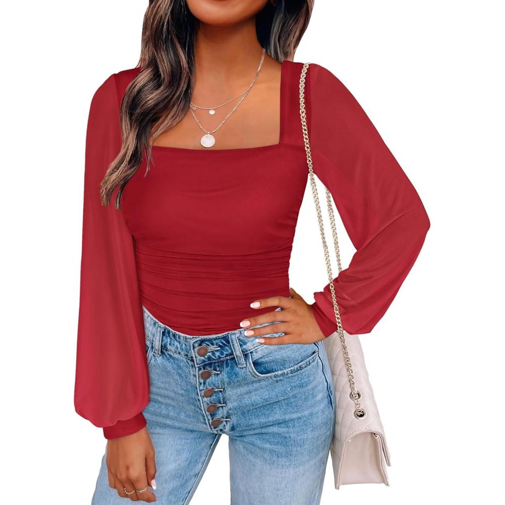 imageANRABESS Womens Square Neck Mesh Long Sleeve Tops Double Lined Dressy Business Casual Blouses Shirts 2025 Fall OutfitsRed