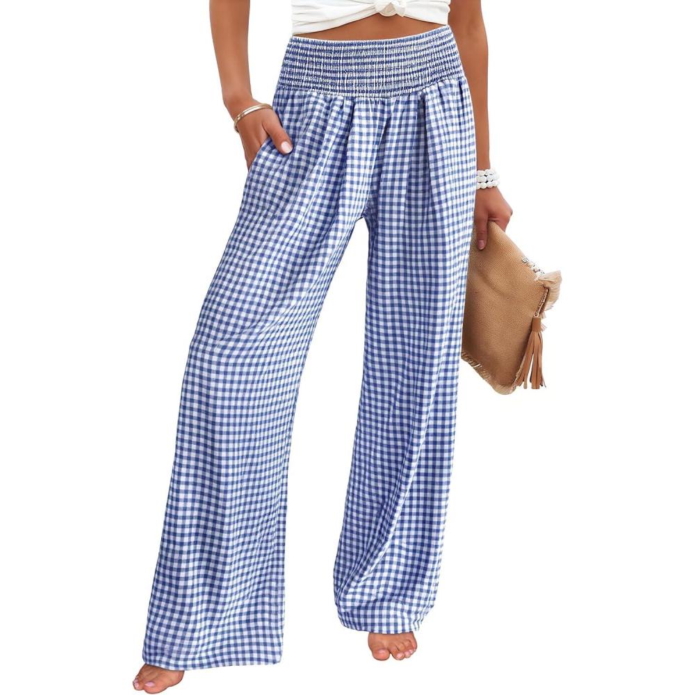 imageANRABESS Womens Striped Gingham Palazzo Pants Wide Leg High Waisted Lounge Pajama Pants Cute Casual Trousers with PocketsBlue White Plaid