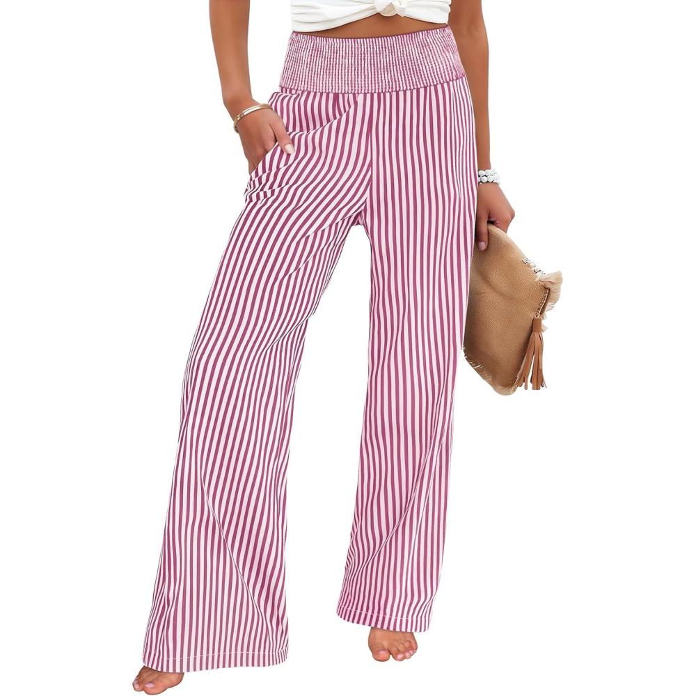 imageANRABESS Womens Striped Gingham Palazzo Pants Wide Leg High Waisted Lounge Pajama Pants Cute Casual Trousers with PocketsRed White Stripe