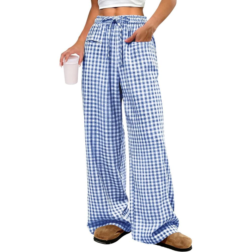 imageANRABESS Womens Striped Gingham Pants 2025 Pajama Drawstring Wide Leg Lounge Plaid Pants Cute Casual Trousers with PocketsBlue White Plaid