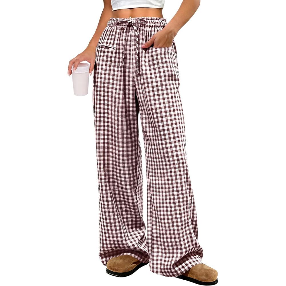 imageANRABESS Womens Striped Gingham Pants 2025 Pajama Drawstring Wide Leg Lounge Plaid Pants Cute Casual Trousers with PocketsBrown White Plaid