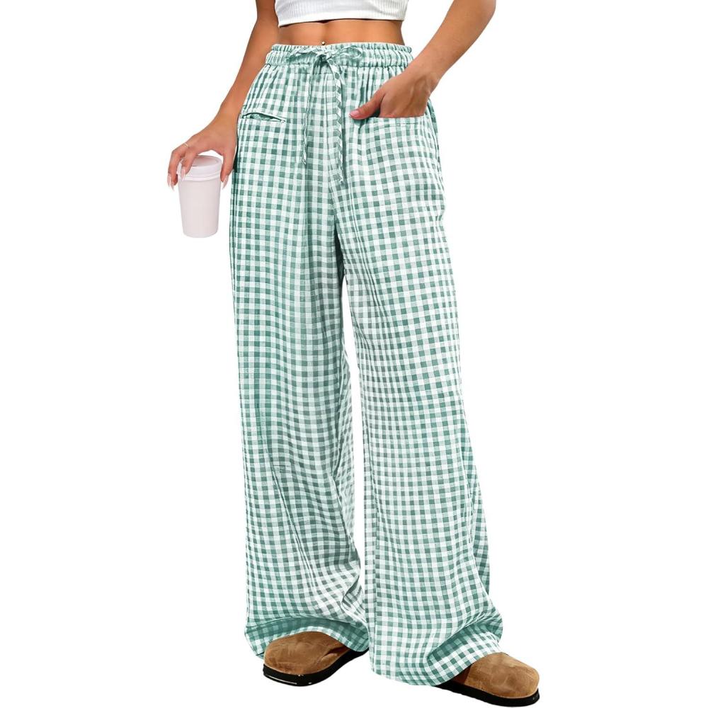 imageANRABESS Womens Striped Gingham Pants 2025 Pajama Drawstring Wide Leg Lounge Plaid Pants Cute Casual Trousers with PocketsGreen White Plaid
