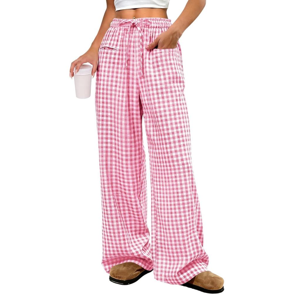 imageANRABESS Womens Striped Gingham Pants 2025 Pajama Drawstring Wide Leg Lounge Plaid Pants Cute Casual Trousers with PocketsPink White Plaid