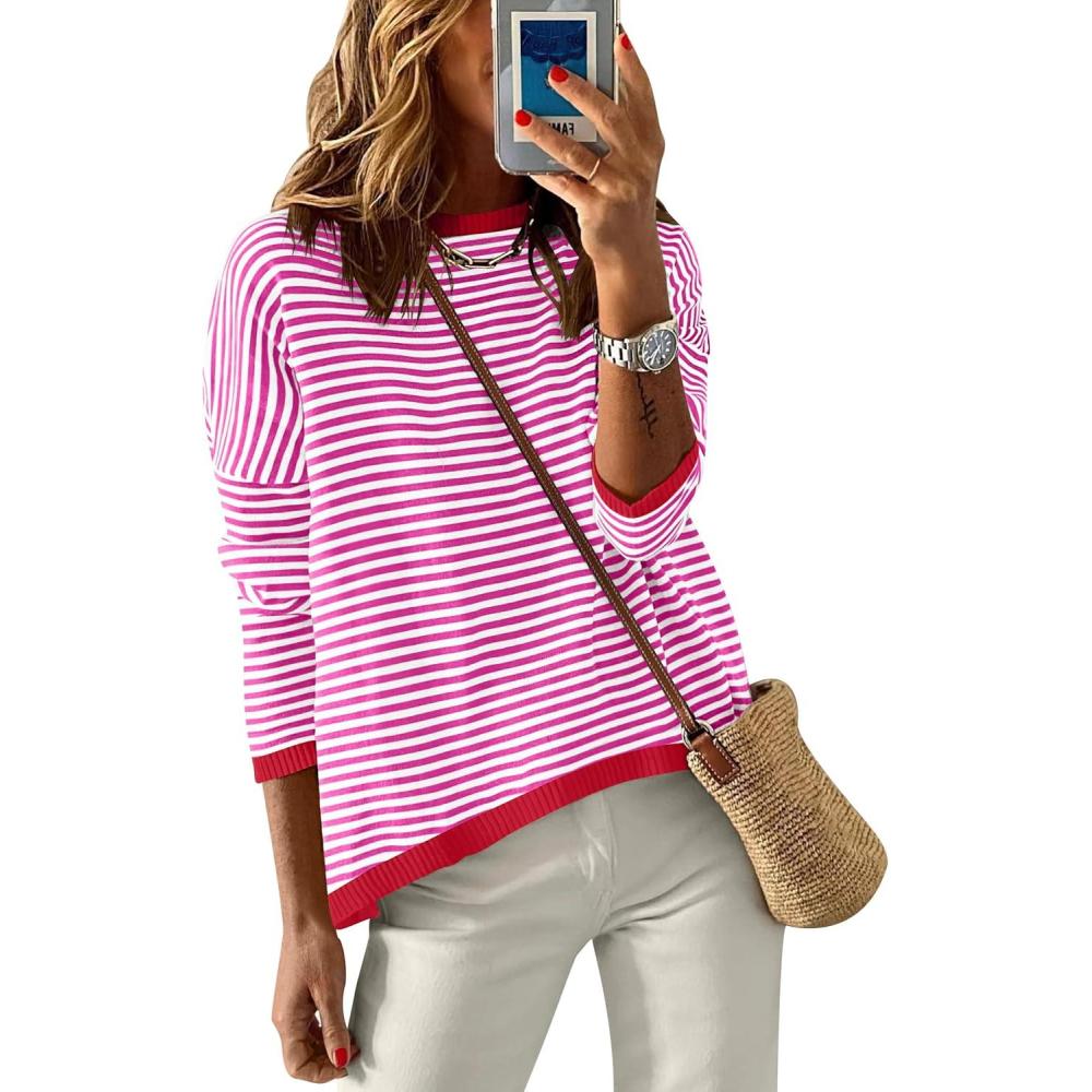 imageANRABESS Womens Striped Sweaters Long Sleeve Top Crewneck Color Block Casual Loose Knitted Pullover Shirts 2025 Fall OutfitsRed White Pink