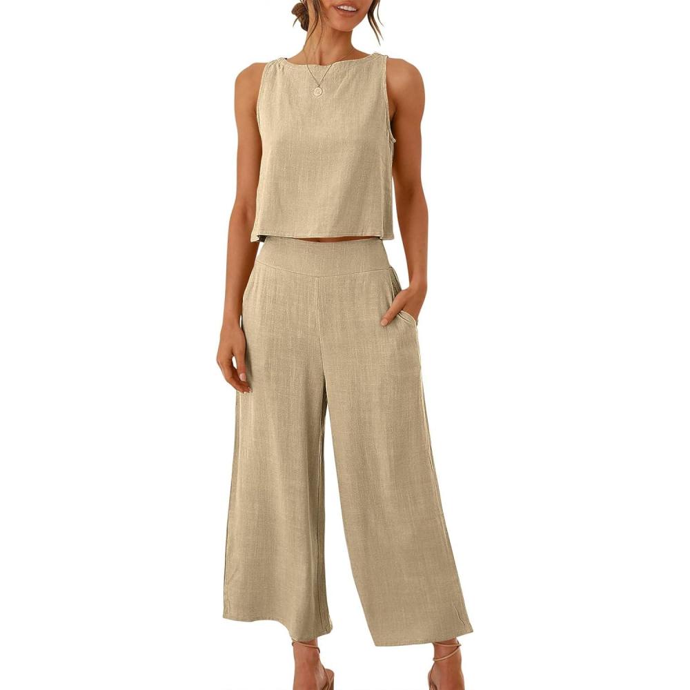 imageANRABESS Womens Summer 2 Piece Outfits Sleeveless Crop Top Capri Wide Leg Pants Jumpsuit Linen Lounge Beach Travel SetsApricot