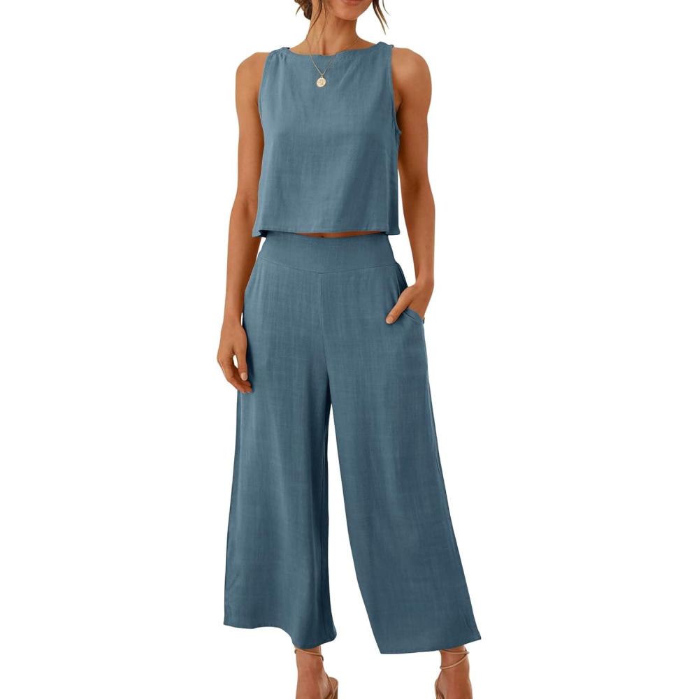 imageANRABESS Womens Summer 2 Piece Outfits Sleeveless Crop Top Capri Wide Leg Pants Jumpsuit Linen Lounge Beach Travel SetsGray Blue