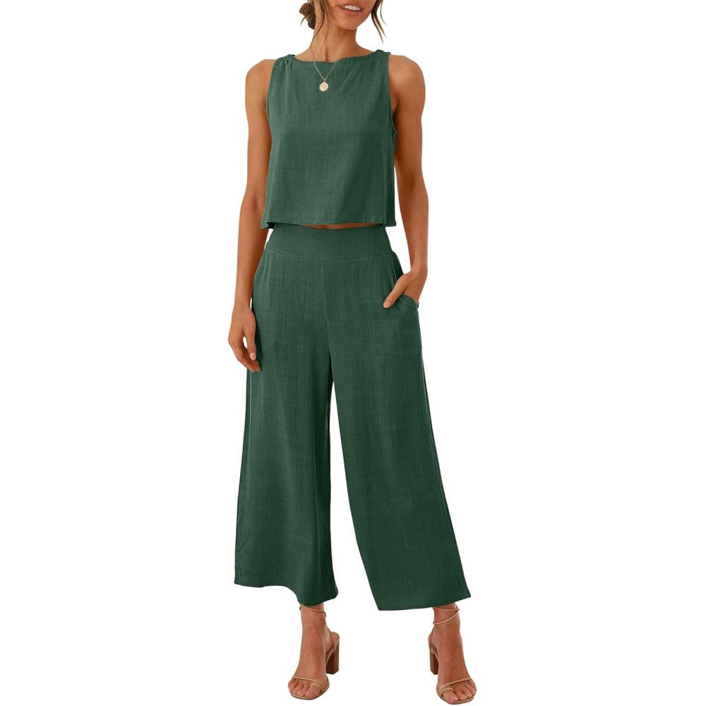 imageANRABESS Womens Summer 2 Piece Outfits Sleeveless Crop Top Capri Wide Leg Pants Jumpsuit Linen Lounge Beach Travel SetsGreen