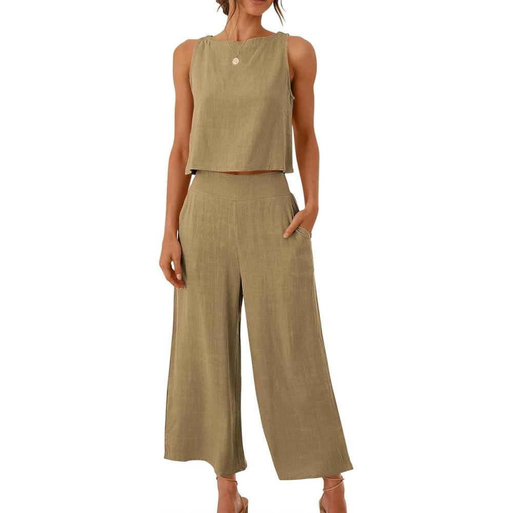 imageANRABESS Womens Summer 2 Piece Outfits Sleeveless Crop Top Capri Wide Leg Pants Jumpsuit Linen Lounge Beach Travel SetsKhaki