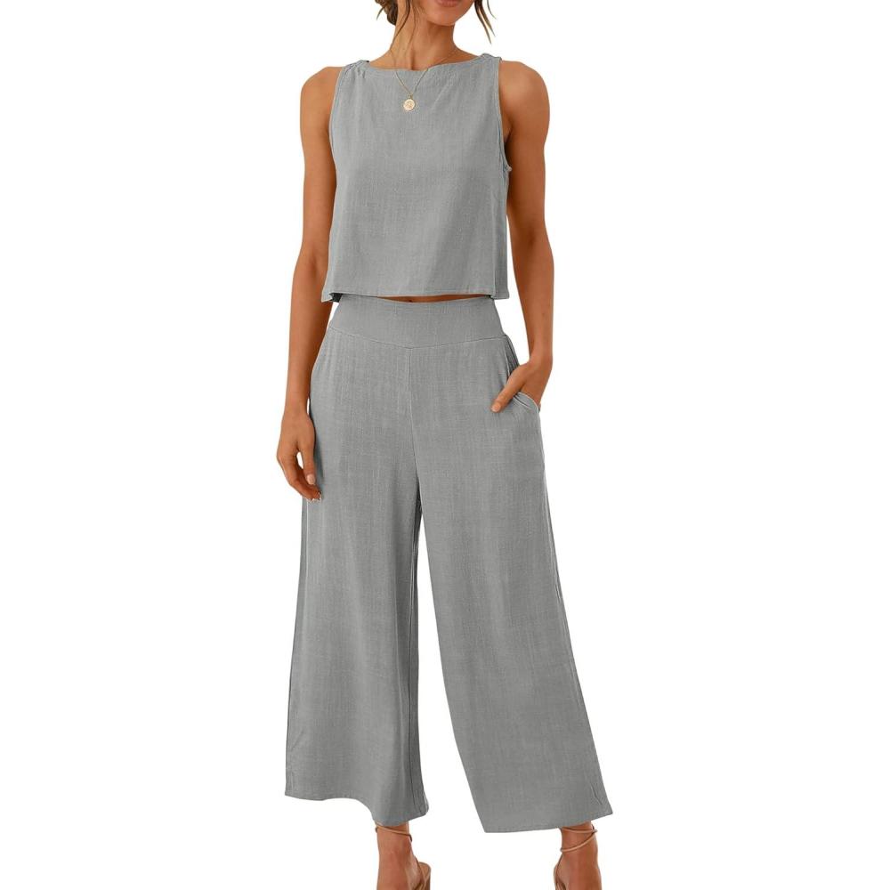 imageANRABESS Womens Summer 2 Piece Outfits Sleeveless Crop Top Capri Wide Leg Pants Jumpsuit Linen Lounge Beach Travel SetsLight Gray