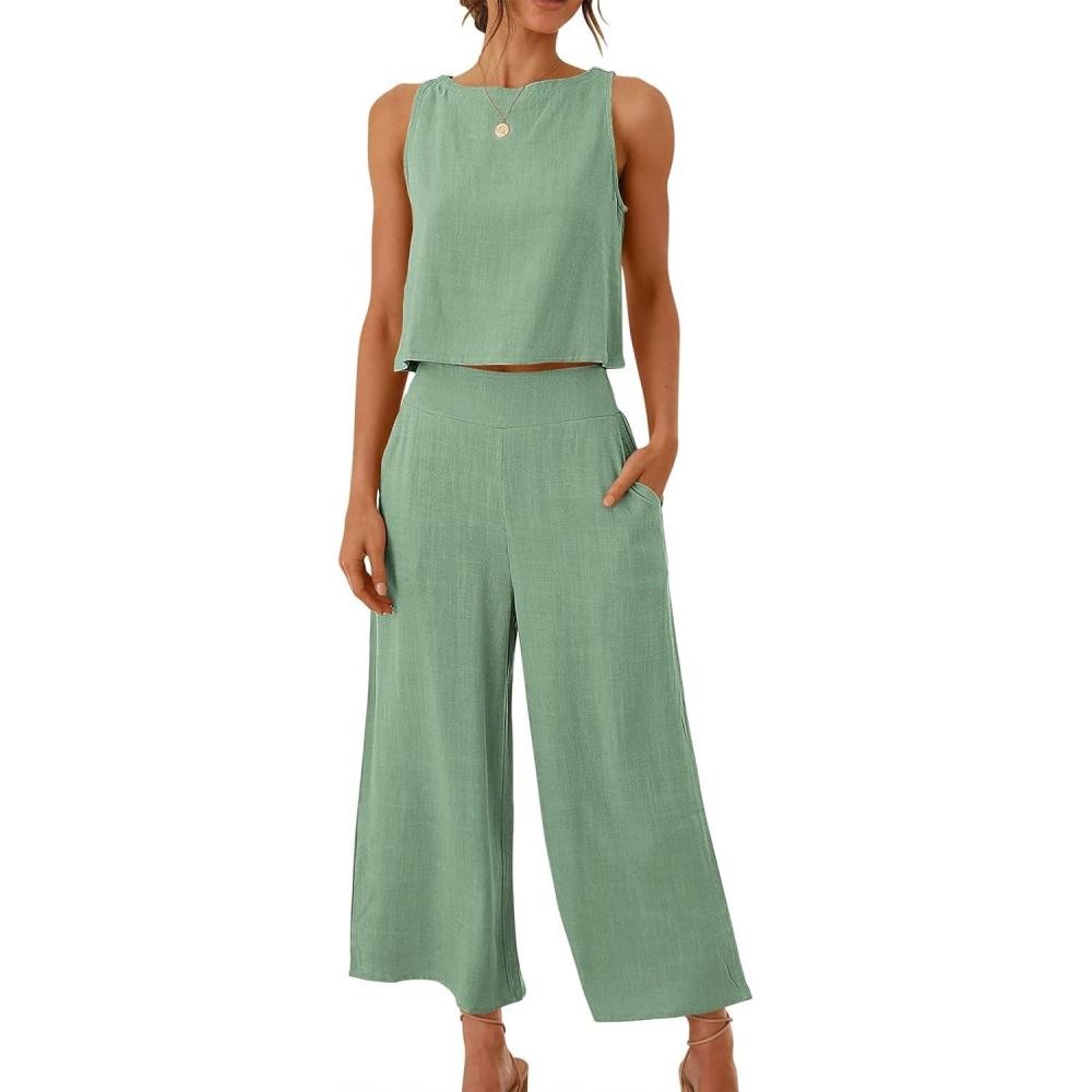 imageANRABESS Womens Summer 2 Piece Outfits Sleeveless Crop Top Capri Wide Leg Pants Jumpsuit Linen Lounge Beach Travel SetsLight Green
