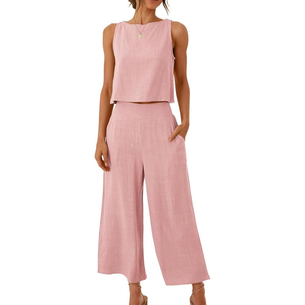 imageANRABESS Womens Summer 2 Piece Outfits Sleeveless Crop Top Capri Wide Leg Pants Jumpsuit Linen Lounge Beach Travel SetsLight Pink