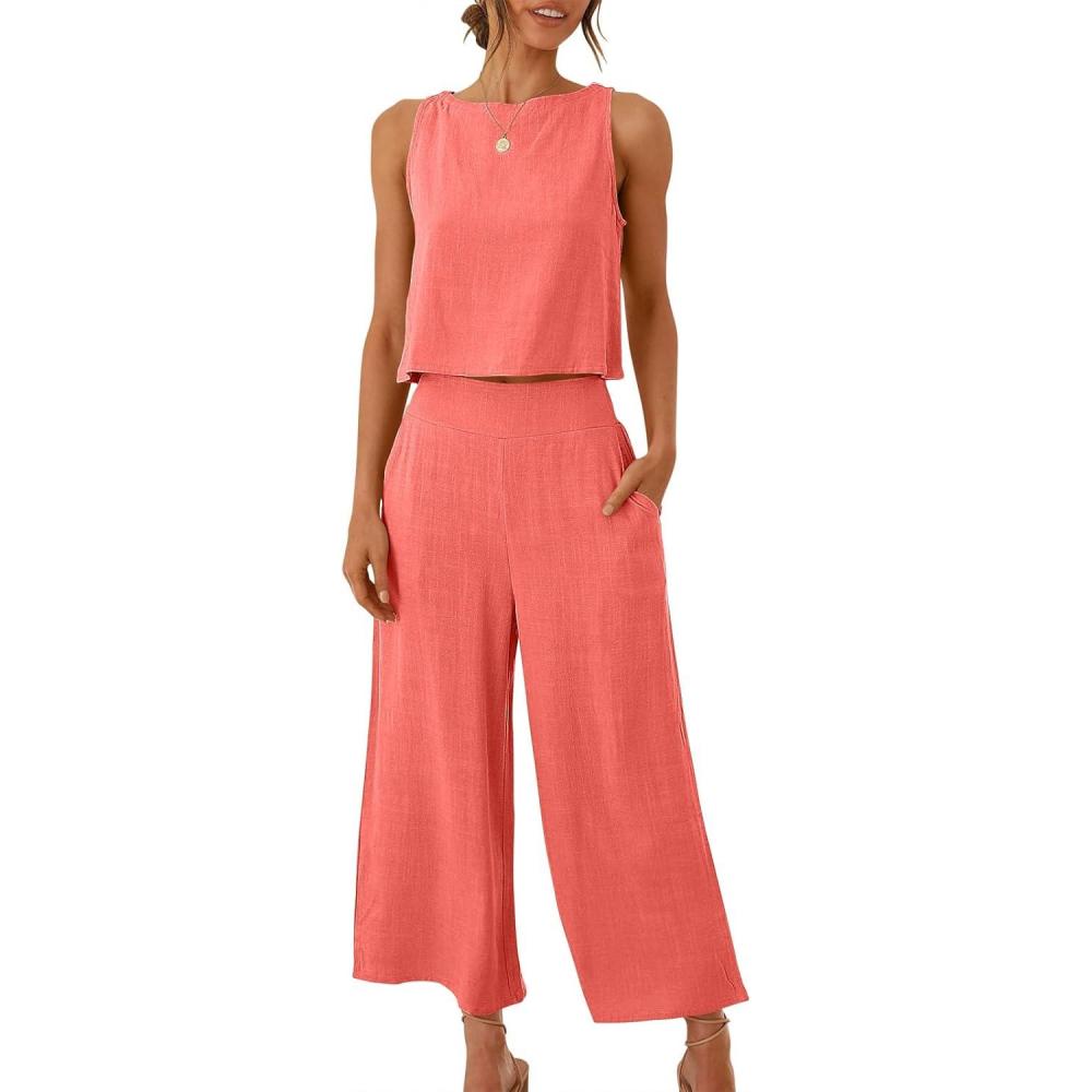 imageANRABESS Womens Summer 2 Piece Outfits Sleeveless Crop Top Capri Wide Leg Pants Jumpsuit Linen Lounge Beach Travel SetsPeach