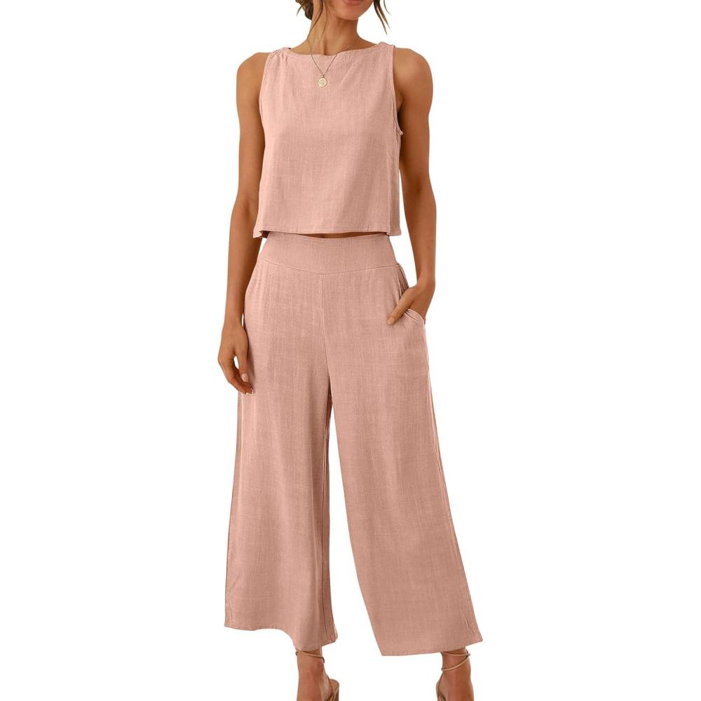 imageANRABESS Womens Summer 2 Piece Outfits Sleeveless Crop Top Capri Wide Leg Pants Jumpsuit Linen Lounge Beach Travel SetsPink