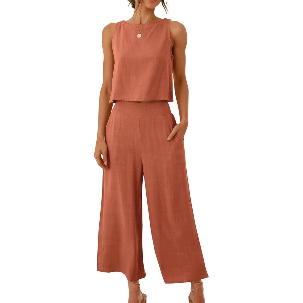 imageANRABESS Womens Summer 2 Piece Outfits Sleeveless Crop Top Capri Wide Leg Pants Jumpsuit Linen Lounge Beach Travel SetsRust