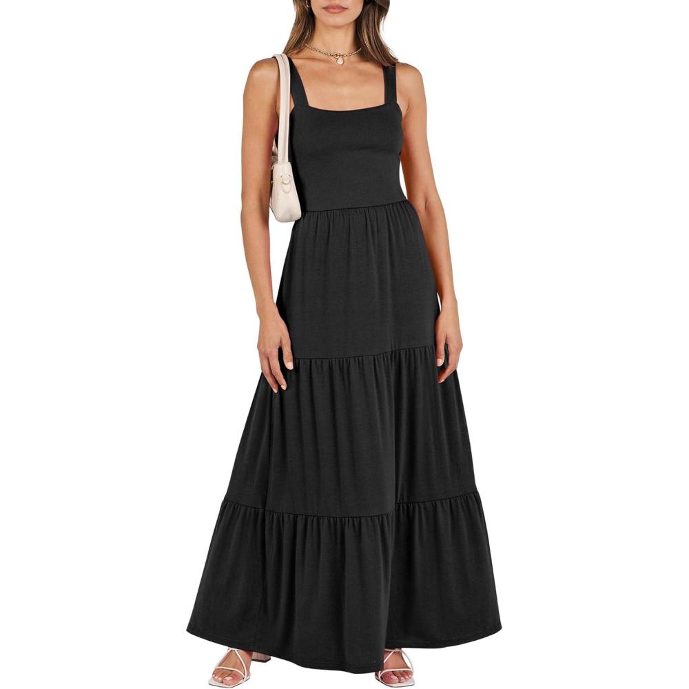 imageANRABESS Womens Summer Casual Long Maxi Beach Vacation Dresses Sleeveless Square Neck Flowy Tiered Sun Dress with PocketsBlack