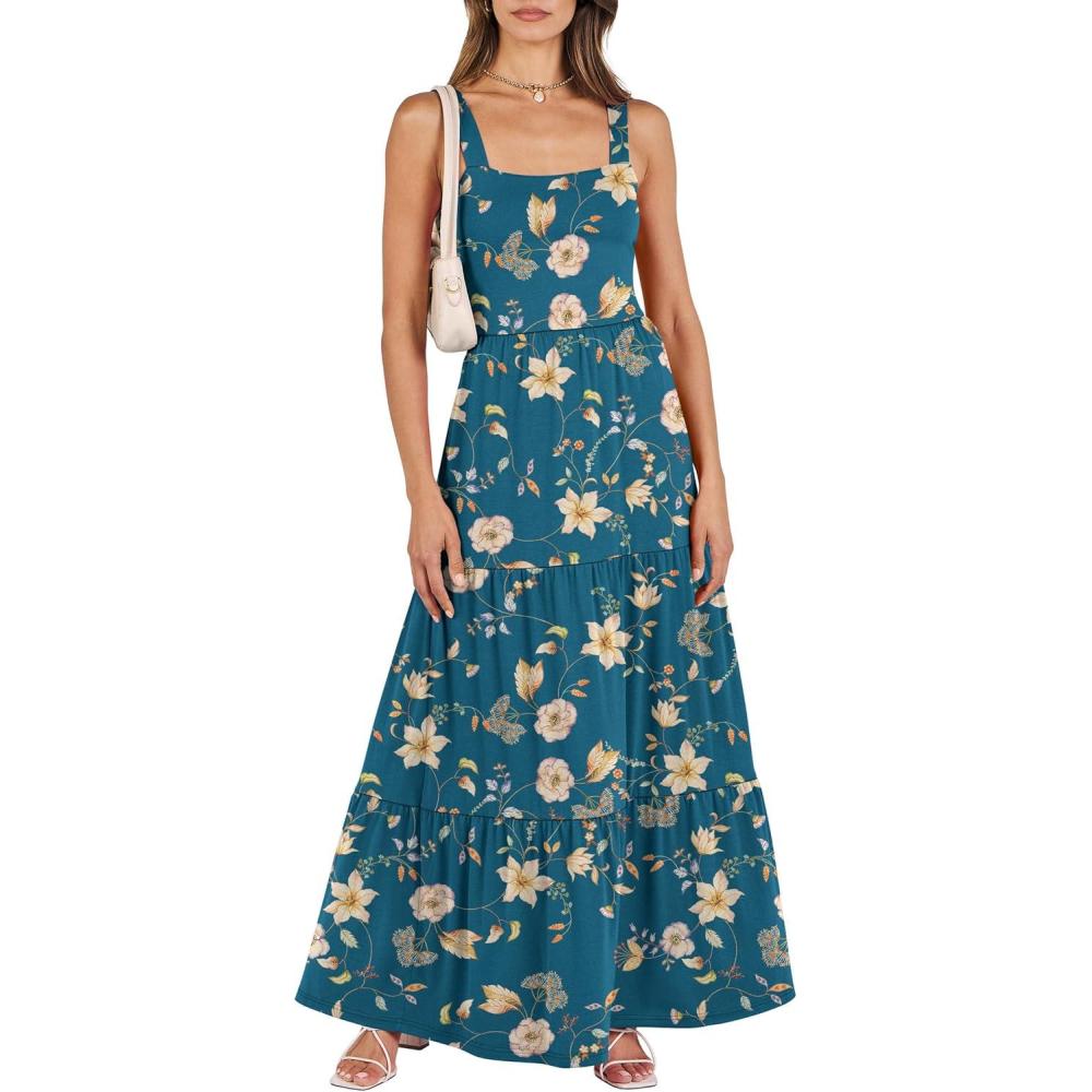 imageANRABESS Womens Summer Casual Long Maxi Beach Vacation Dresses Sleeveless Square Neck Flowy Tiered Sun Dress with PocketsBlue Yellow Floral