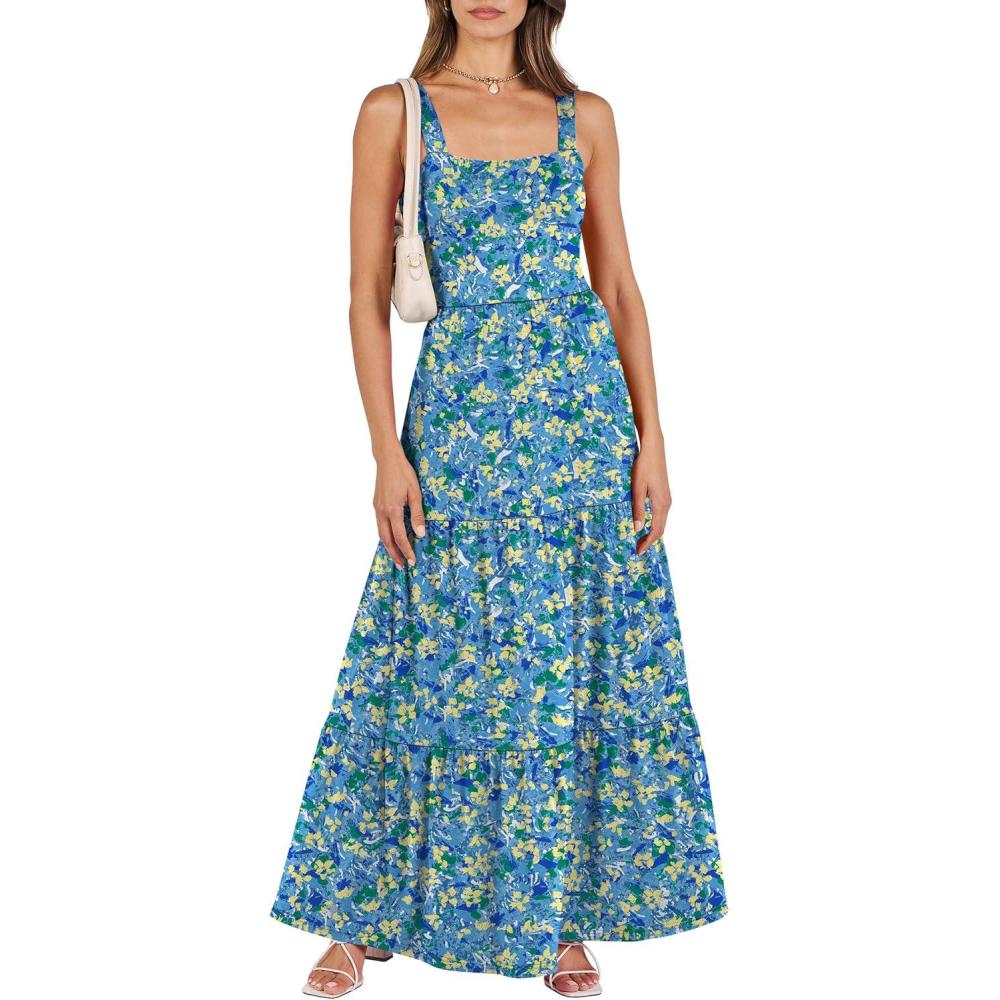imageANRABESS Womens Summer Casual Long Maxi Beach Vacation Dresses Sleeveless Square Neck Flowy Tiered Sun Dress with PocketsBlue Yellow Green Floral