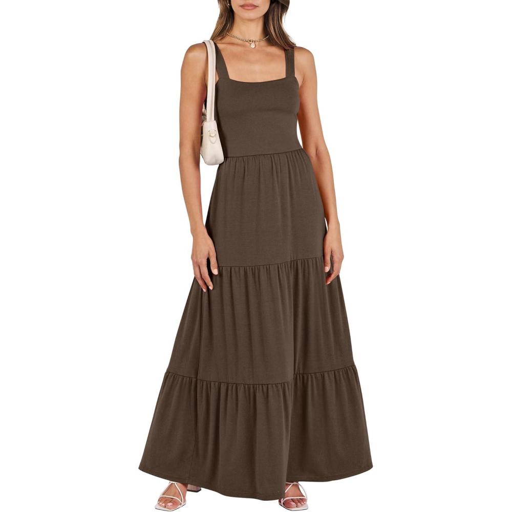 imageANRABESS Womens Summer Casual Long Maxi Beach Vacation Dresses Sleeveless Square Neck Flowy Tiered Sun Dress with PocketsCoffee